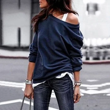 

Autumn New Blouse Women Long Sleeve One Shoulder Solid Shirt Winter Outwear Casual Female Knitted Loose Shirt Knitwear
