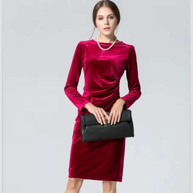 New arrival spring long sleeves knee length round neck women velvet