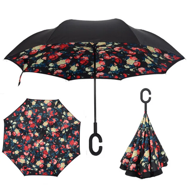 Ветрозащитный обратный складной двойной слой перевернутый зонтик Chuva Self Stand наизнанку защита от дождя c-крюк руки для автомобиля - Цвет: as picture
