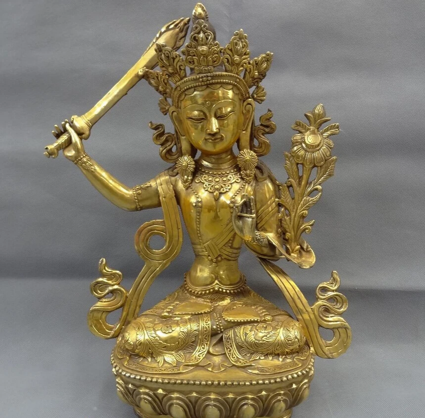 

S5434 19" Tibet Bronze Gilt Flower Buddhism Portect Manjushri Buddha Statue Sculpture D0318