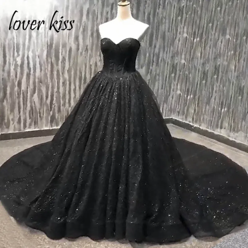 

Lover Kiss vestido de novia Luxury Gothic Black Wedding Dress For Brides Sweetheart Strapless Shiny Bodice Bridal Gowns Corset