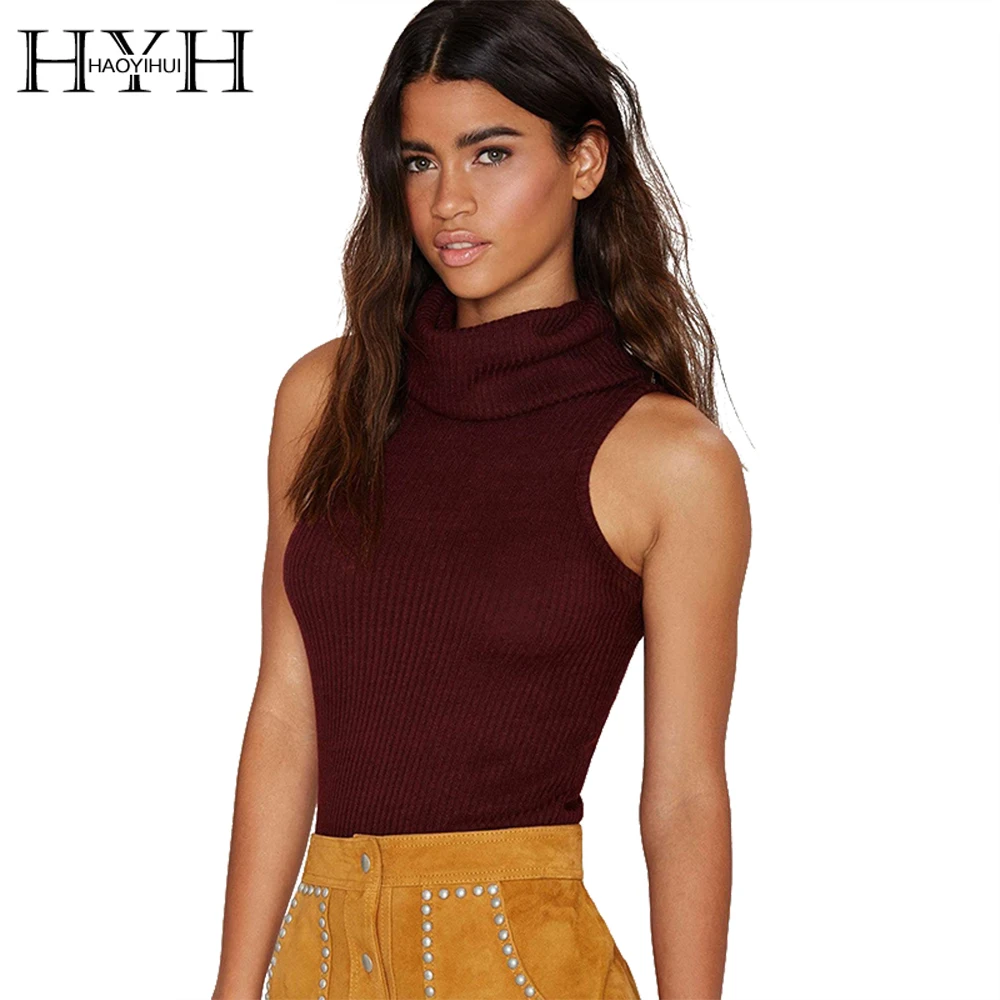 HYH HAOYIHUI Solid Color Knitting Basic Sweater Women Turtleneck Sleeveless Slim Pullover Ladies Casual Street Style | Женская одежда
