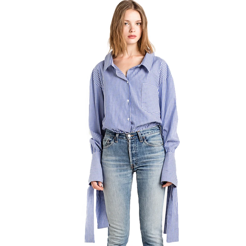 Блузка HDY Haoduodyi Женская синяя в полоску с карманами без спины|top elegant|woman top elegantwomen