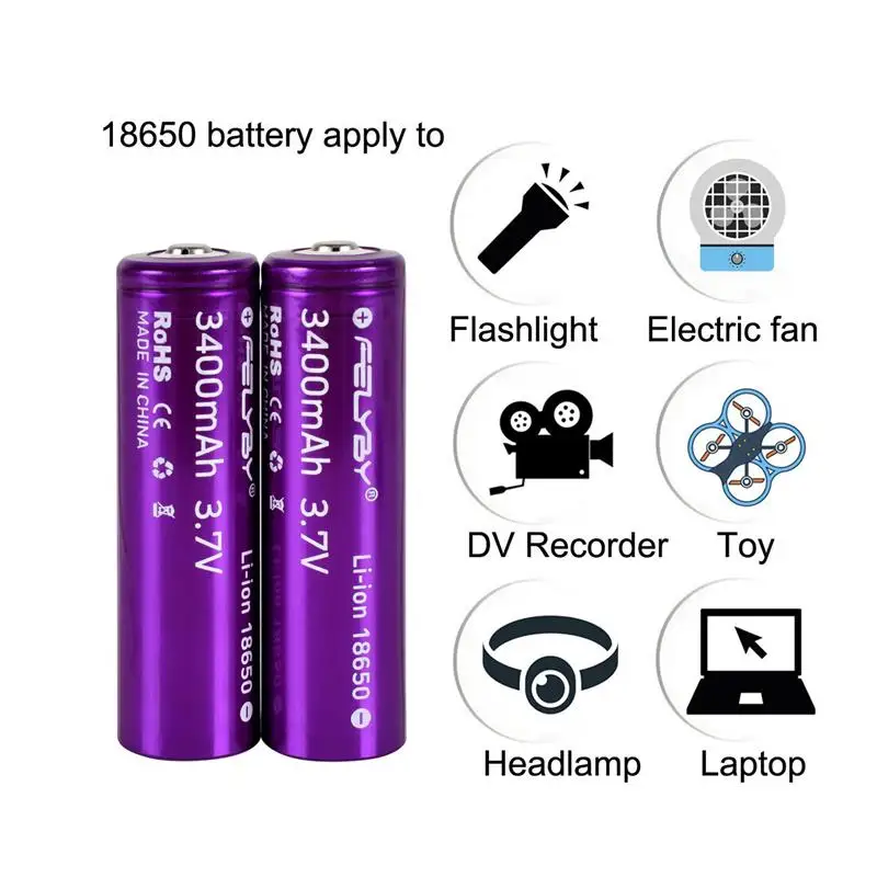 HOT!FELYBY New Original 18650 Battery 3.7V 3400mAh 2-10pcs High Capacity Lithium Rechargeable Batteries