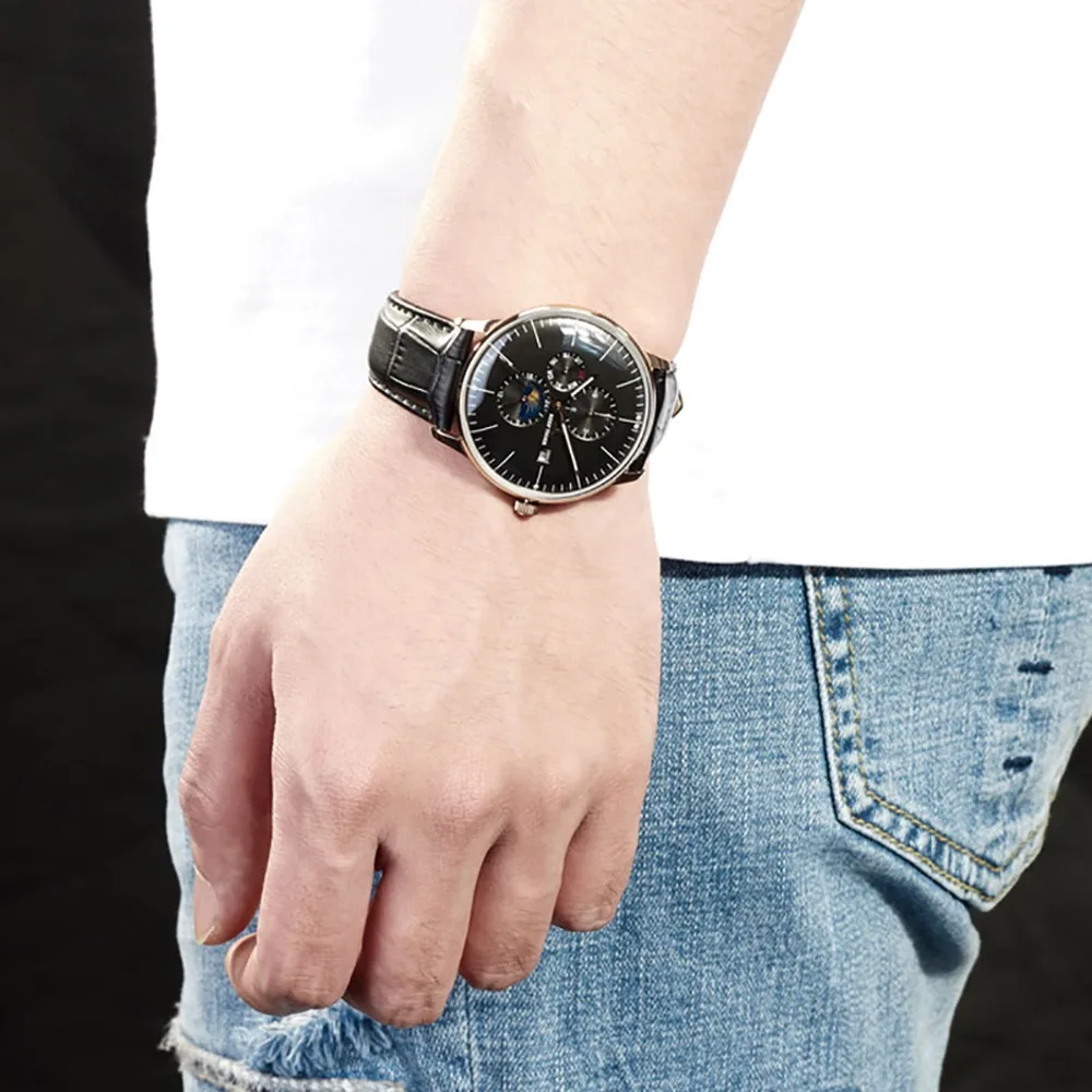  Reef Tiger/RT Fashion Mens Watches Moon Phase Date Automatic Watches for Men Leather Strap Waterpro