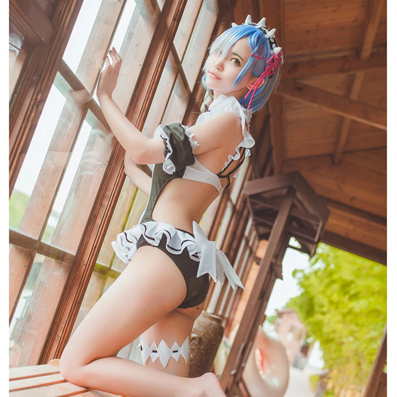 

Anime Re: Zero Ram Rem Swimsuit One Piece Sexy Japanese Maid Open Back Cosplay Costume Swimwear Slim Body Suit Summer Women