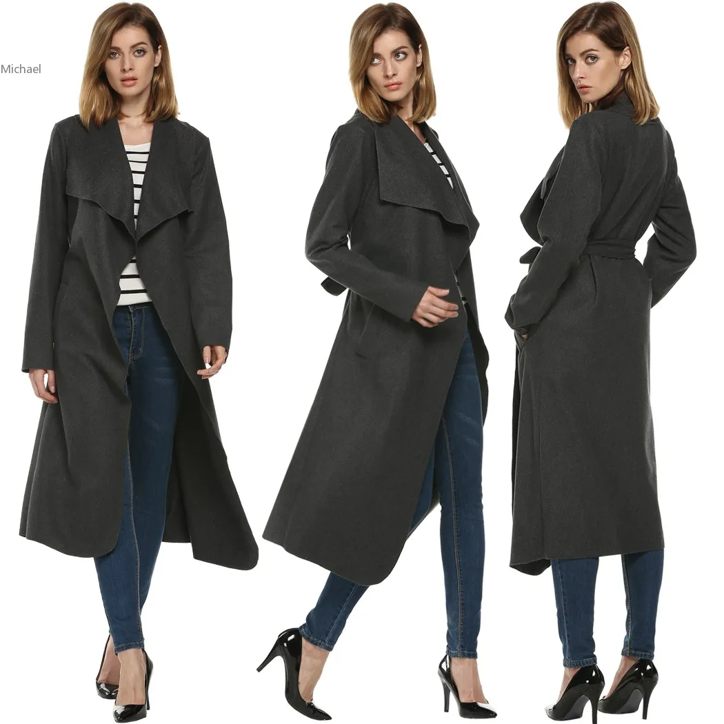 Women's Dark Grey Wool Coats Winter Long Coat New Design Cardigan X