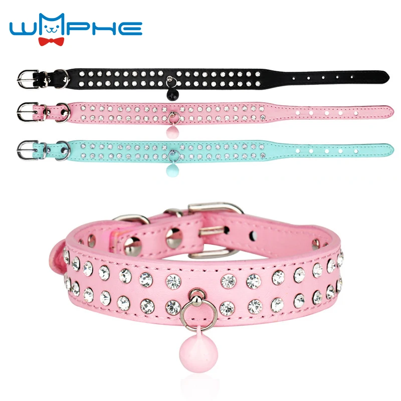 

0.78"wide Bling 2 Rows Rhinestone Dog Collar for Puppy Pink Black Blue Size XXS-M For Chihuahua Small Medium Dogs Pu Leather