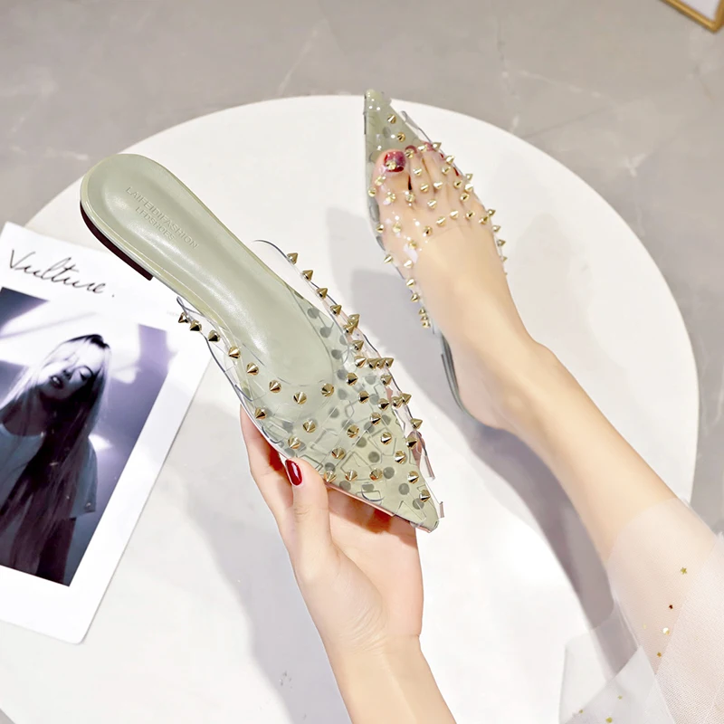 

Studs Pointed transparent hollow mules women summer slippers outdoor beach sandals clear peep toe flip flops beach slides shoes