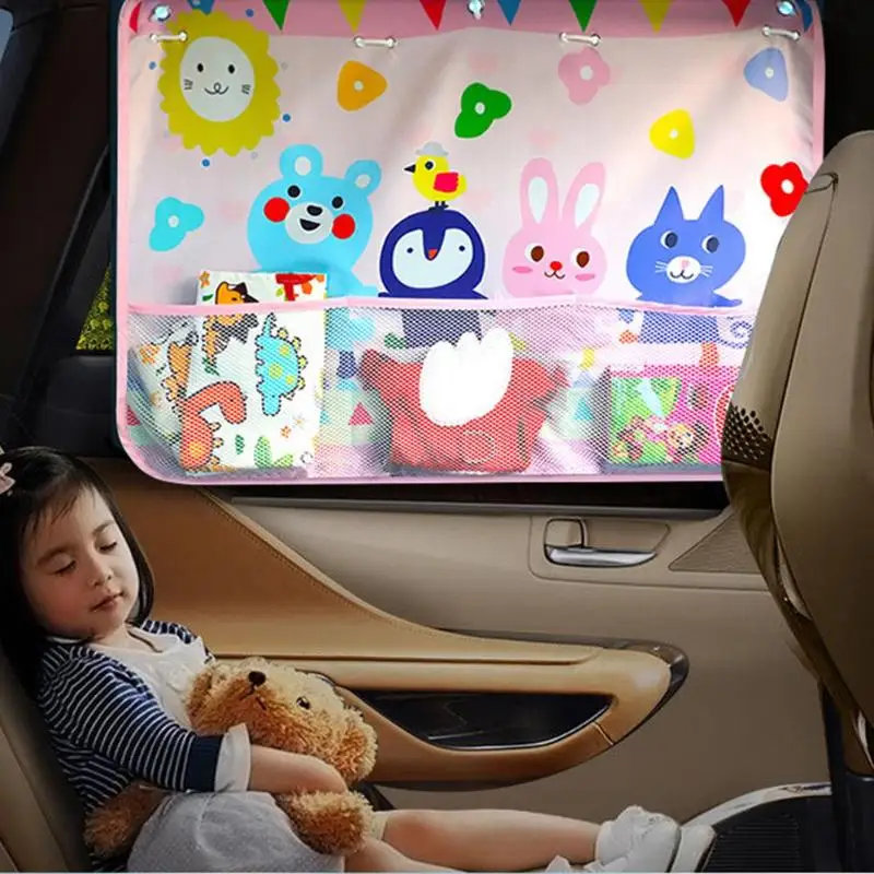 

Cartoon Pattern Car Auto Rear Side Window Sunshade Curtain Kid Children Sunscreen Cover UV Protection With Storage Organizer Net