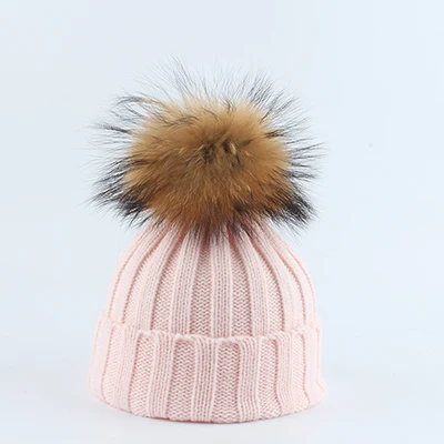 pink hat Детский реальный меховой помпон Вязание шапочки шапки шарфы комплект костюм мальчики мальчики шапки шарф зима теплая - Цвет: pink hat