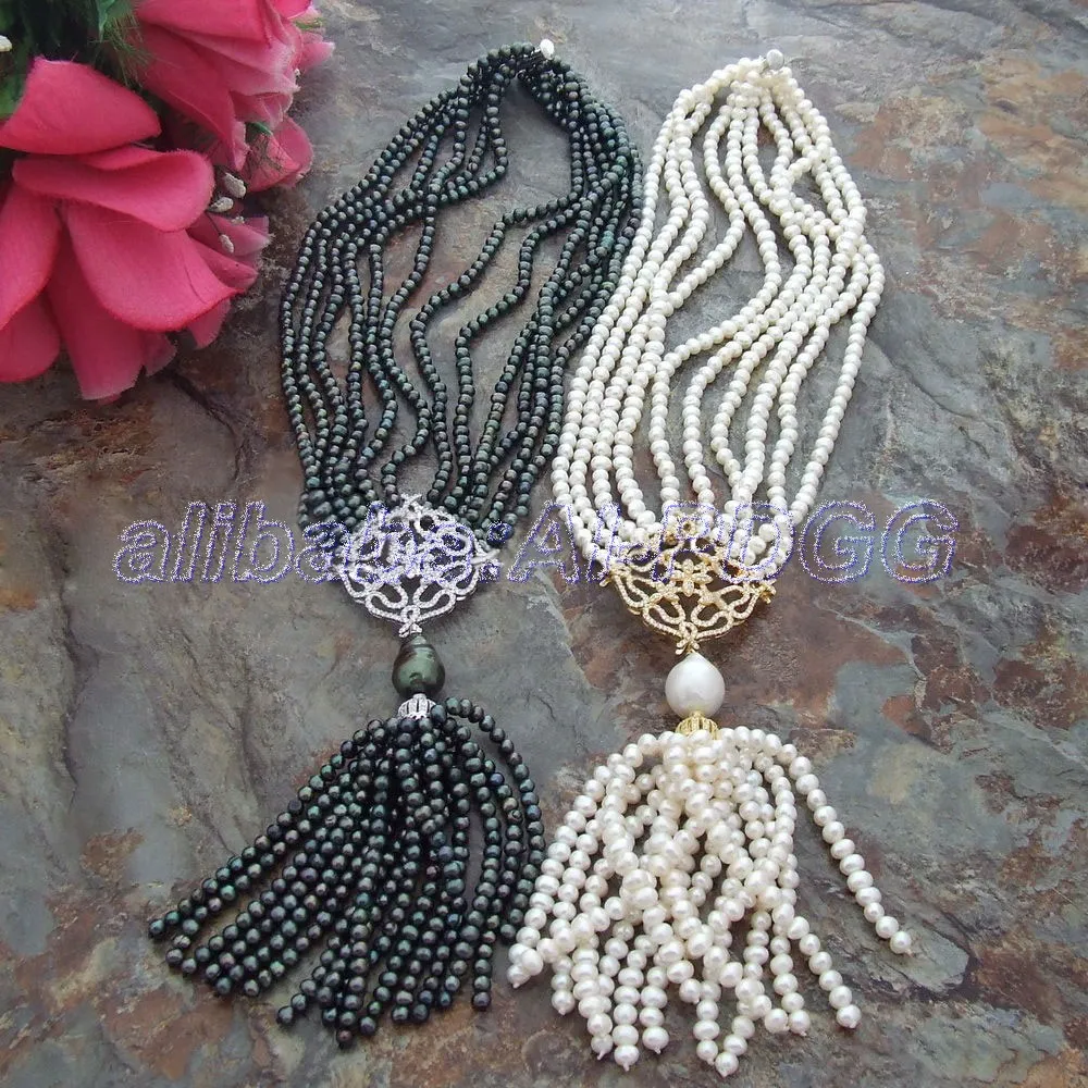 

18" - 20" 5 Strands White Round Freshwater Pearl Fringle Necklace CZ Pendant