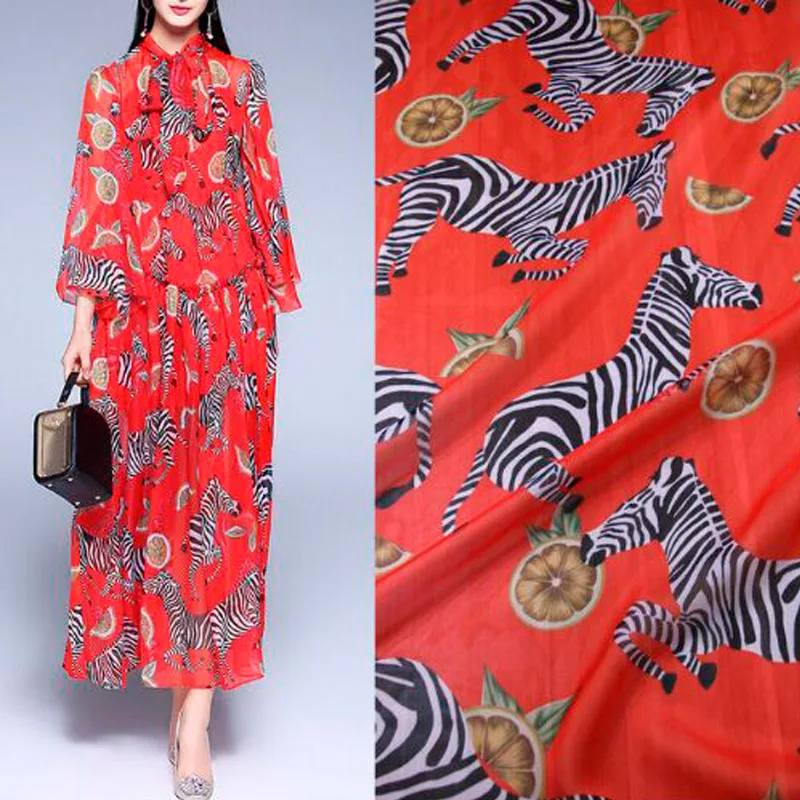 

100X145cm Love Theme Fresh and Fun Collection Zebra and Lemon Red Thin Chiffon Fabric for Woman Summer Long Dresses Sewing