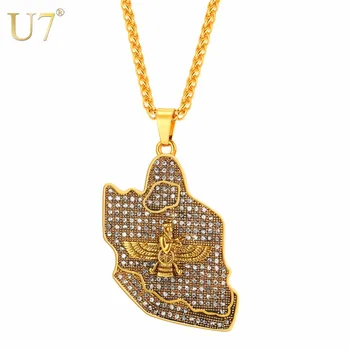 

U7 Necklaces Ice Out Iran Map & The Faravahar Stainless Steel Big Pendant & Chain Gold Color Men Gift Map Jewelry Necklace P1144