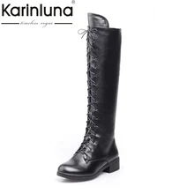 KARINLUNA/Большие размеры 34-43; сапоги до колена; Модные фирменные дизайнерские женские сапоги на платформе с квадратным каблуком и шнуровкой; сезон осень-зима