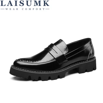 

LAISUMK Men Casual Leather Shoes Spring And Autumn Brand Korean Version Black Mens Flats Wear Resistant Males Set Of Feet Shoes