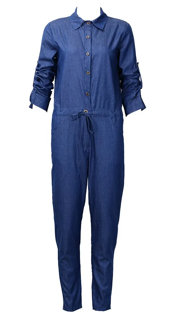 Женский Осенний облегающий джинсовый комбинезон с глубоким v-образным вырезом, Клубные вечерние штаны 6-14 с поясом, одноцветные мягкие брюки с длинным рукавом - Цвет: Синий