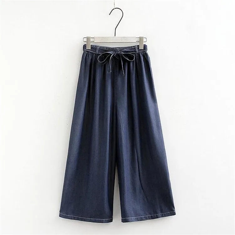 Летние свободные женские джинсы размера плюс 6XL 7XL в Корейском стиле, женские джинсовые штаны со средней талией и широкими штанинами, женские брюки с поясом и бантом - Цвет: navy blue
