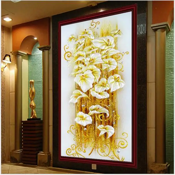 

New Needlework 5D Diy Diamond Painting Cross Stitch Golden Lily Diamond Embroidery Flowers Crystal Round Diamond Mosaic Pictures