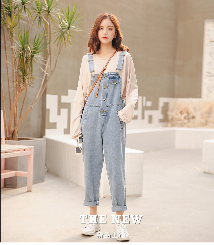 Осень, женский джинсовый комбинезон, Новое поступление, длинный, на одной пуговице, с карманами, элегантный комбинезон, джинсы корейского стиля, Комбинезоны для женщин