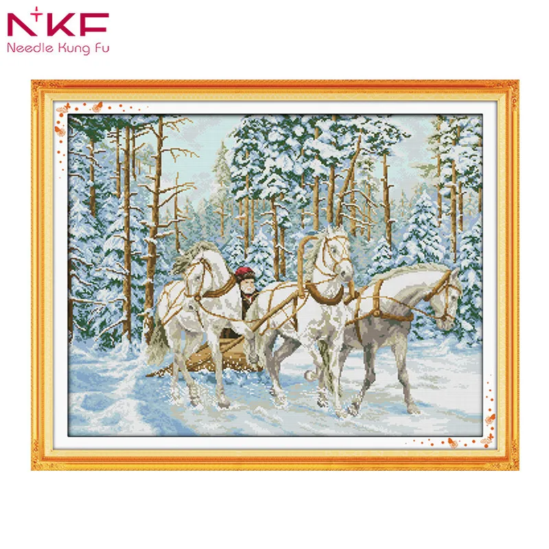 

The cart go through the snow chinese embroidery kits cross stitch counting patterns print diy dmc14ct needlework set Sled winter
