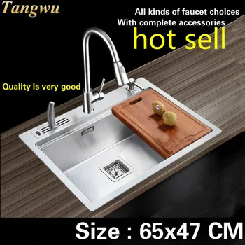 Online Free Shipping Household Luxury Standard Kitchen Manual Sink Single Trough Durable Food-grade Stainless Steel Hot Sell 65x47 CM