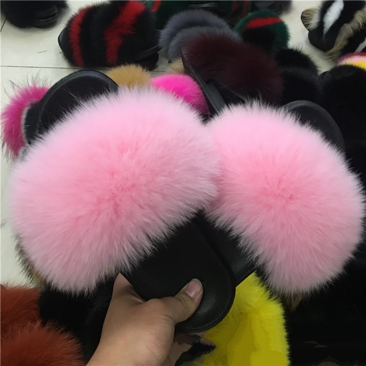 fox fur slippers Женские летние шлепанцы с лисьим мехом; пляжные шлепанцы на плоской подошве; Лидер продаж; размеры 36-45 - Цвет: fox fur slippers
