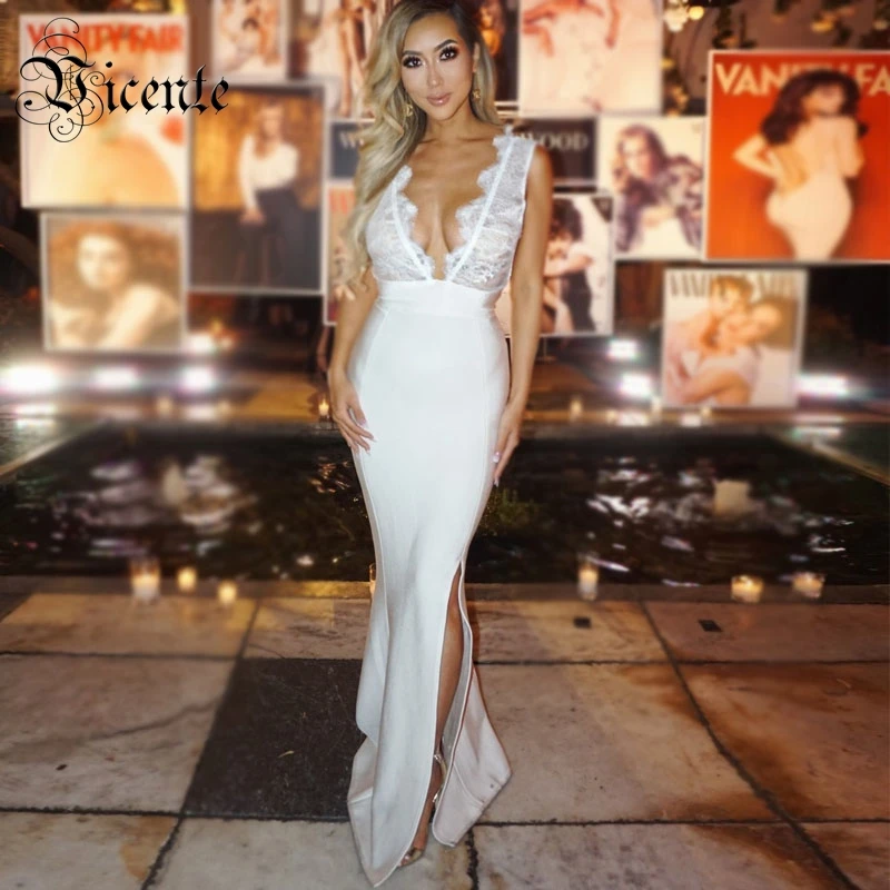 Blanc Mode Dentelle 2019 Gros À De Bandage En Robe Épissage Split Maxi La V Longue Celebrity Nouveau Sexy Chaude cou Vicente wt1IUvSqgx