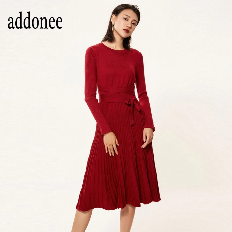 

New Autumn Winter O-Neck Women Lady Cashmere Wool Dress Casual Striped Empire Pleated Under Dress Fashion Wild Solid Color