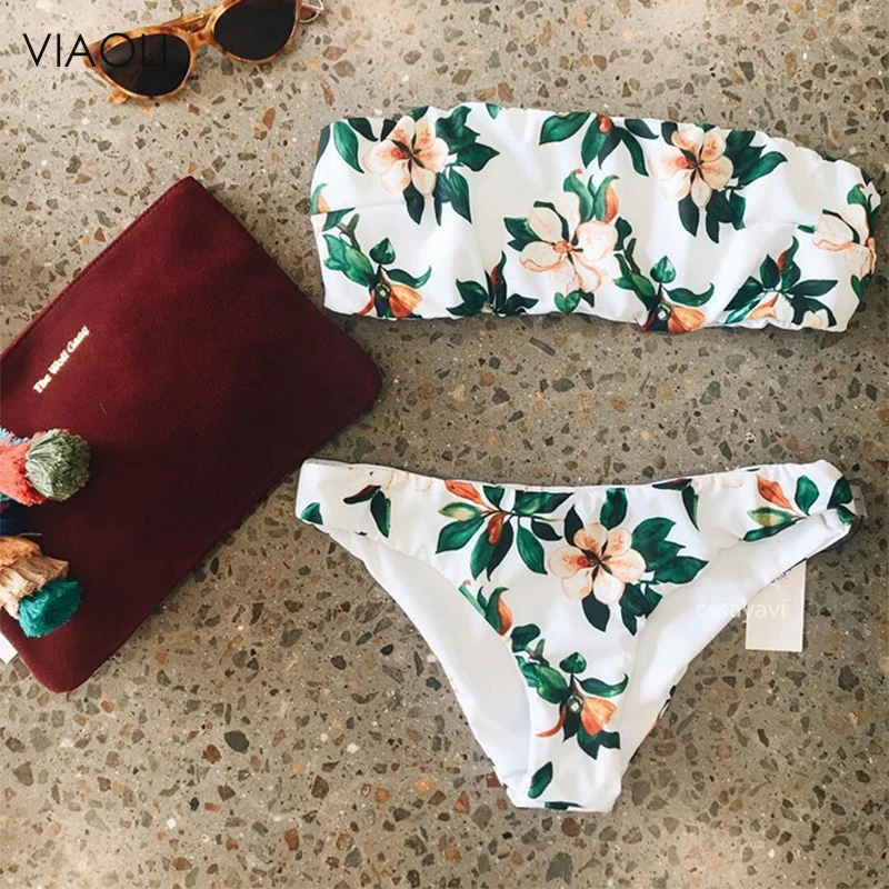 

Flower Print White Wrap Chest Bikini Set women Sexy Brazil model Ruffle swimwear 2018 Summer yoga bikinis suit Sunbathing Wear
