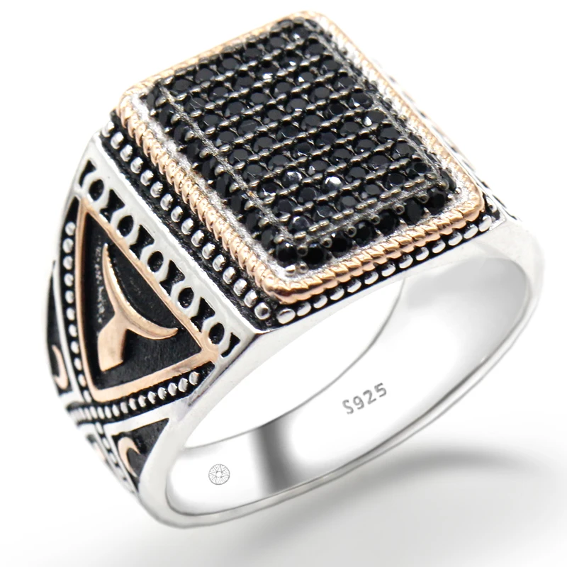 

Real 925 Sterling Silver Punk Geometric Rectangle Signet Pave Setting Black Cubic Zircon Ring for Men Party Jewelry