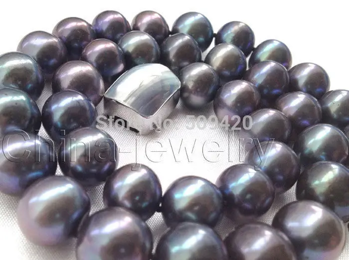 

W&O658>> AAA 17" 12mm natural black round freshwate pearl necklace -925 silver mabe clasp