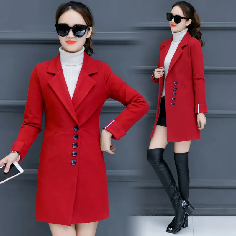 Luzuzi Женская шерстяная куртка Корейская версия новая осенняя и зимняя мода тонкое длинное шерстяное пальто Зимние шерстяные куртки женские - Цвет: red woolen coat