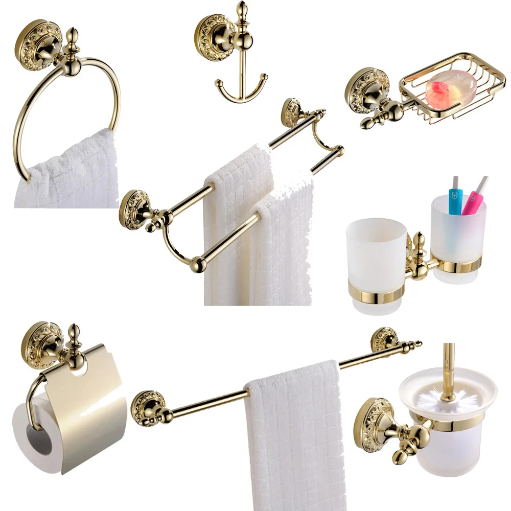 Wall Mounted Style Polished Gold finished Towel Bar Towel Ring Towel Hook Toilet Paper Holder WOMAO Gold Bathroom Accessory Sets of 4 Pieces All Zinc Alloy with Crystal