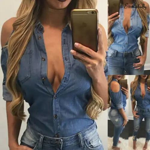 Summer Women Casual Tops HOT Women Summer Long Sleeve Off Shoulder Turn-down Collar Single Breasted Soft Denim Loose Tops Summer Women Casual Tops HOT Women Summer Long Sleeve Off Shoulder Turn-down Collar Single Breasted Soft Denim Loose Tops