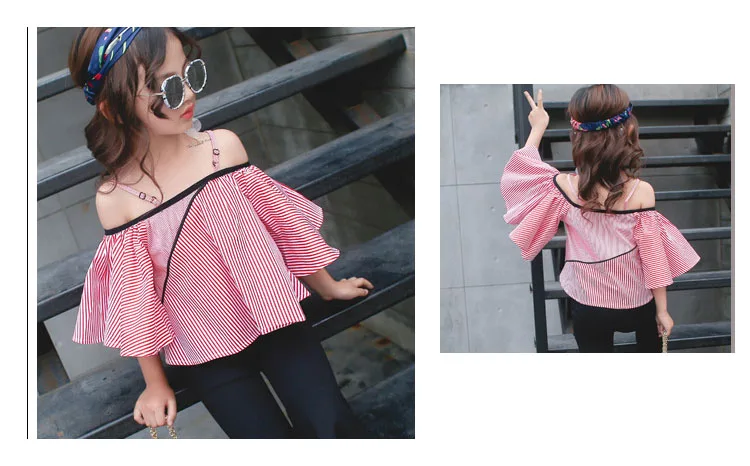 big girl summer shirt petal sleeve off shoulder black red striped blouse for girls toddler children clothing 2018 new tops clothes (12)
