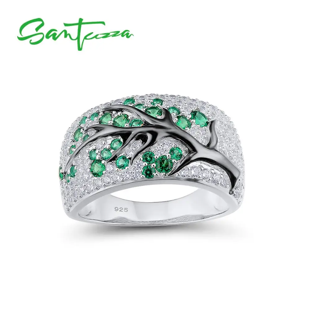 SANTUZZA Silver Ring for Women 925 Sterling Silver Shiny Green Spinels Cubic Zirconia Cherry Tree Trendy Party Fine Jewelry afbeelding