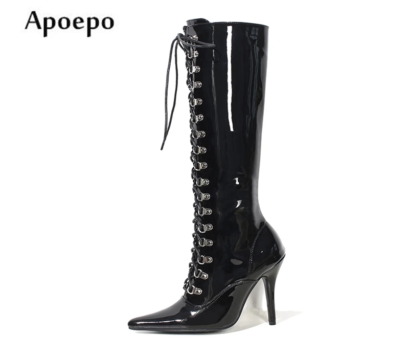 

New Newest High Heel Boots for Woman 2018 Sexy Pointed Toe Rivets Studded Lace-up Knee High Boots Thin Heels PU Leather Boots