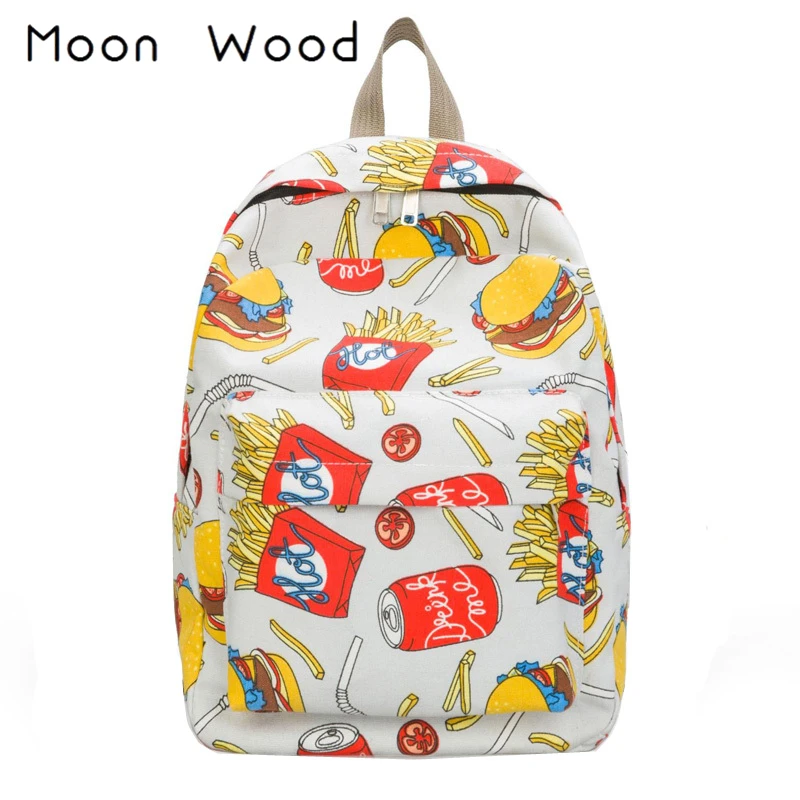 

Moon Wood Fun Hamburger Fries Printing Backpack Women Canvas Backpack Students Travel Bag Large Capacity School Bags For Girls