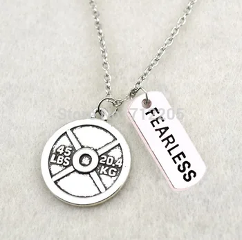 

New Fitness Weightlifting jewelry 30pcs Vintage Circle 45LBS 20.4KG Weight Plate and FEARLESS sport necklace