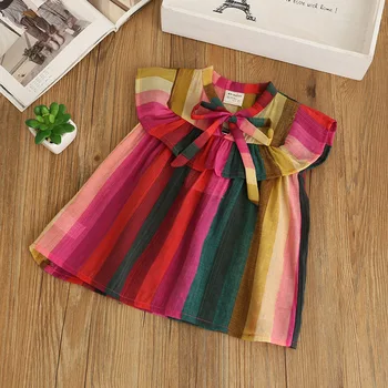 

wholesale 2019 girls dress korean cotton rainbow Striped bow flying Sleeve dress children Summer Dress kid clothes3-8Y Vestidos