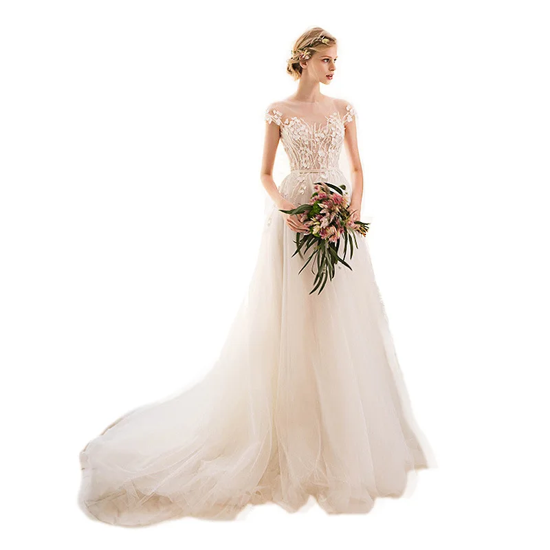 

Wedding Dress Illusion O-neck Sleeveless a Line Bridal Dresses 2019 New Fashion Sweep Train Bride Gown Vestido De Noiva