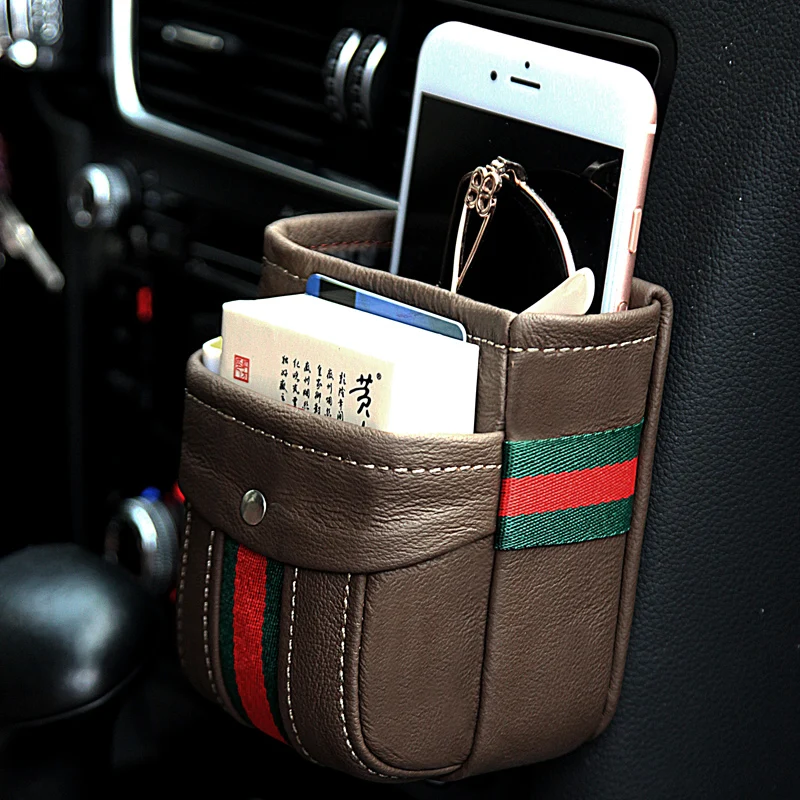

Genuine Leather Car Outlet Air Vent Storage Box Auto Phone Holder Bag Pouch Organizer Hanging Box Car interior Accessories