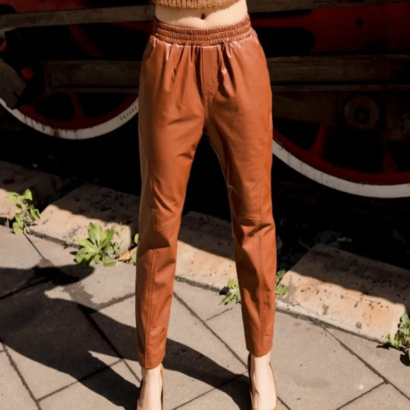 Large Size Sheepskin Women Genuine Leather Pants New Ankle-Length Pencil Pants Elastic Waist Luxury Real Leather Trousers Lady