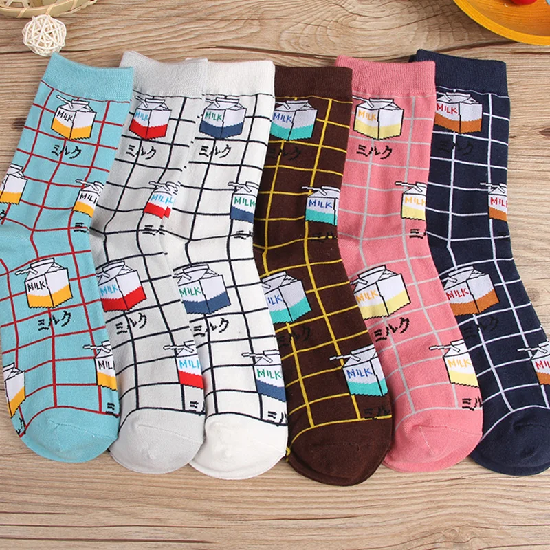Забавные хлопковые носки в полоску для мальчиков и девочек в стиле Харадзюку, молочная клетка, новинка года, модные женские носки