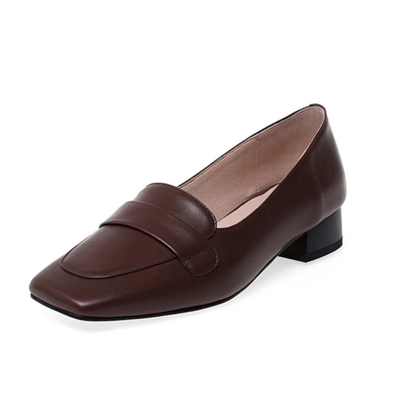WETKISS Brown Flat Loafers New Retro Square Head Loafers Fashion Casual Female Shoes Autumn Genuine Leather Women Flats Shoes - Цвет: brown