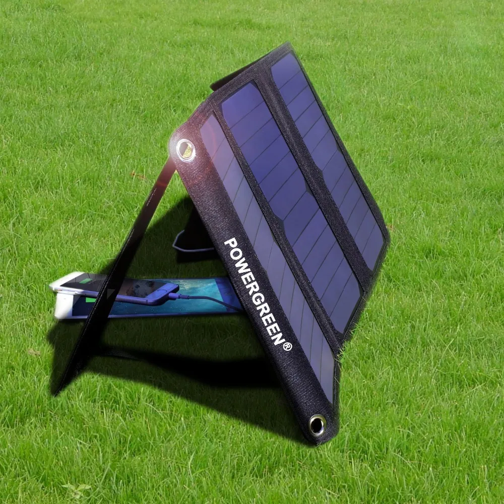 

PowerGreen Solar Battery Backpack Bag Foldable 21 Watts 5V 2A Power Bank Phone Charger Solar Panel for Cellphones