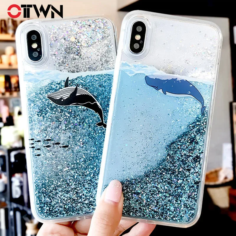 

Ottwn Cartoon Dolphin Quicksand Phone Case For iPhone X 8 7 6 6s Plus Dynamic Glitter Sequins Back Cover Cases For iPhone 8 Plus