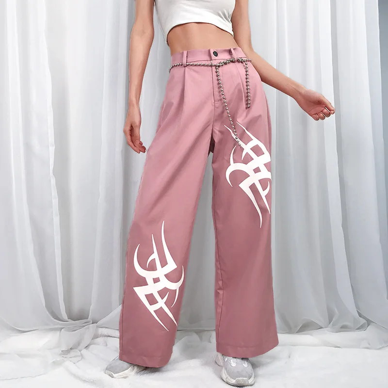 

2019 Summer New Women Flame Print Loose Pink Wide Leg Pants Fashion Icon High Street Style High Waist Female Trousers F4