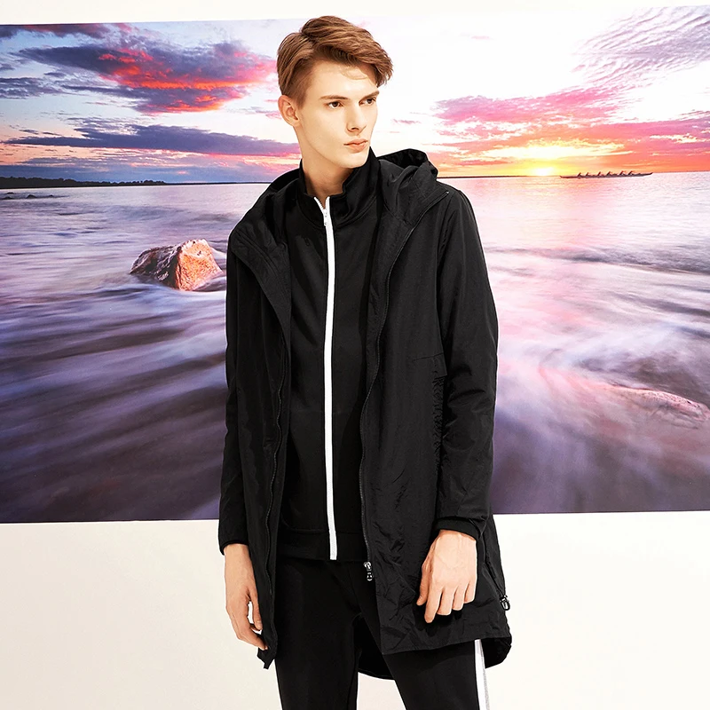 Pioneer camp mens long trench coat brand clothing casual fashion long jackets hooded trench AFY803120